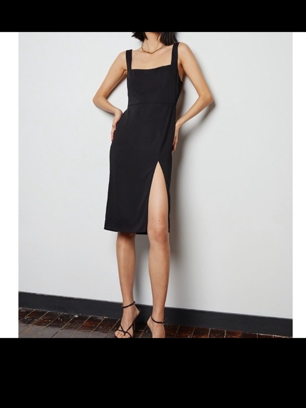 Babaton Aritzia Classic Matte Black Square-Neck Midi Dress with Thigh Slit
